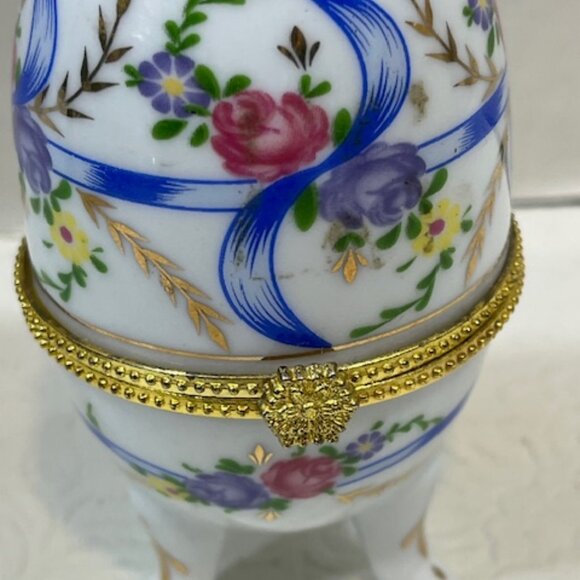 VTG Hand Painted Faberge Style Floral Porcelain Egg Shaped Hinged Jewelry Box - Picture 2 of 16
